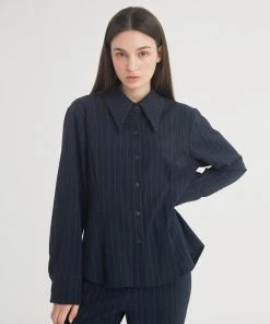 Best Sellers [FREIHEIT] SS 22 Wool Stripe Pintuck Shirt (Navy)