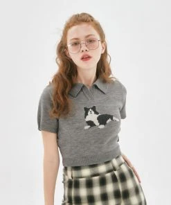 [NASTY FANCY CLUB] Summer 22 CAT SOFT COLLAR KNIT TEE (CHARCOAL)_F22QB417 Best Sellers
