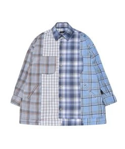 [AJO BY AJO] SS 22 Check Mixed Oversized Shirt [Sky Blue]