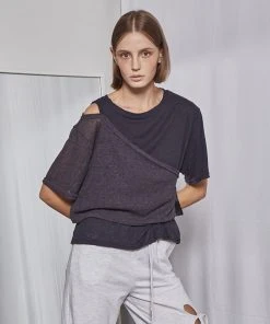 Best Sellers [FABERFINGER] Summer 22 Linen Two-piece Layered T-shirt (Charcoal)