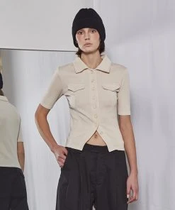 Best Sellers [FABERFINGER] Summer 22 Collar Button Ribbed T-shirt (Beige)