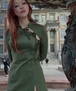 [POPSIZ] Summer 22 Ribbons Slit Mini Dress-long Sleeves Best Sellers