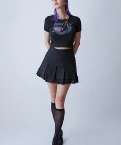 Best Sellers [POPSIZ] Summer 22 Upcycled Black Denim Lace Trim Mini Skirt