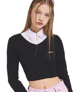 [CRANK] SS 22 V NECK CROP KNITWEAR_BK