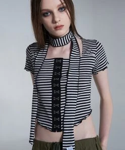 Best Sellers [SETUP EXE] Summer 22 Stripe Hook Top & Scarf Set (White)
