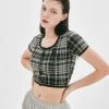 Best Sellers [NASTY FANCY CLUB] SS 22 TARTAN CHECK SQUAR NECK CARDIGAN (BLACK)_F22QB429