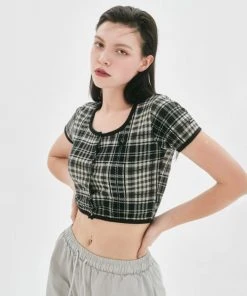 Best Sellers [NASTY FANCY CLUB] SS 22 TARTAN CHECK SQUAR NECK CARDIGAN (BLACK)_F22QB429