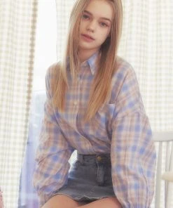 [MOONFAIRY] SS 22 POPPY LOOSE CHECK SHIRT-SKY BLUE Best Sellers