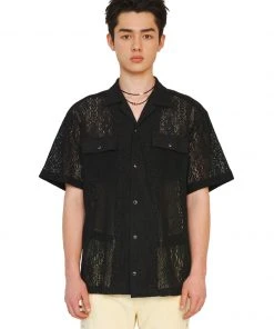 [LECYTO] Summer 22 OPEN COLLAR CLOVER LACE SHIRTS_(BLACK) Best Sellers