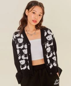 [AQOSTUDIOSPACE] SS 22 AQO BEAR PATTERN CARDIGAN (CROP Ver) BLACK Best Sellers