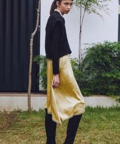 Best Sellers [SORRY TOO MUCH LOVE] FW 21 Unbalance Satin Long Skirts_Yellow