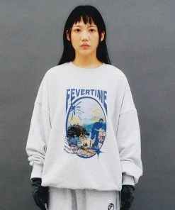 Best Sellers [FEVERTIME] SS 22 Active Graphic Sweatshirt White Melange (Non-fleece-lined)