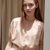 [JOORTI] Summer 22 J1011 Henry-neck Shirring Blouse (peach)