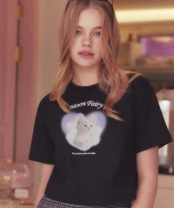 [MOONFAIRY] SS 22 KITTY HEART CROP TEE-BLACK