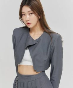 [KAGAMIL] Seasonless CUTTING CROSS CROP JACKET GRAY