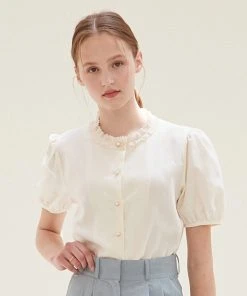 Best Sellers [JOORTI] Summer 22 J1013 Lace-neck Herringbone Blouse (ivory)
