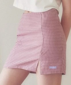 [MOONFAIRY] SS 22 DORA CHECK SLIT SKIRT-PINK Best Sellers