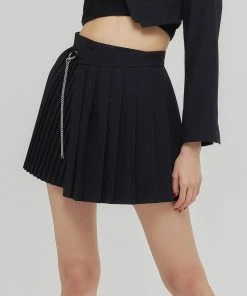 [KAGAMIL] Seasonless CHAIN PLEATS LAP SKIRT BLACK Best Sellers