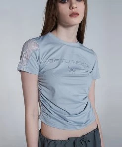 Best Sellers [SETUP EXE] Summer 22 Hotfix Shirring Mesh Panel Top (Mint Grey)