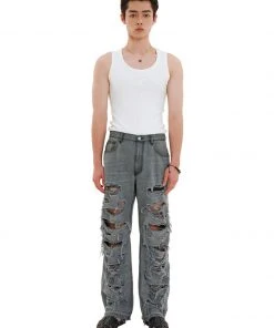 Best Sellers [LECYTO] Summer 22 (07.08) DESTROYED WIDE DENIM PANTS_(L.GRAY)