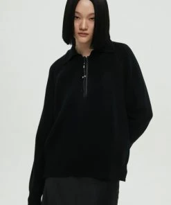 [NACHE] SS 22 LEATHER LINE HALF ZIP-UP KNIT (UNISEX) - BLACK
