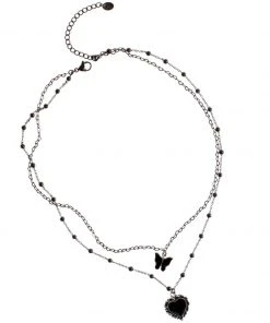 [STEEL EDITION] Seasonless All Black Heart Butterfly Necklace Best Sellers