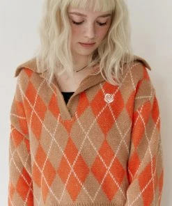 Best Sellers [ROCCI ROCCI] SS 22 Rose Argyle Open Collar Knit Top [ORANGE]