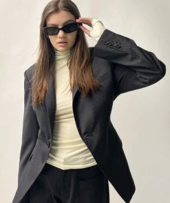 [LO AXUAL] SS 22 NAVY HOURGLASS STRIPE BLAZER