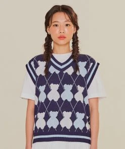 Best Sellers [AQOSTUDIOSPACE] SS 22 AQO BEAR ARGYLE KNIT VEST (CROP Ver) NAVY