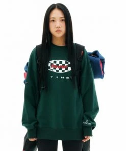 Best Sellers [FEVERTIME] SS 22 Signature Checker Sweatshirt Dark Green (Non-fleece-lined)