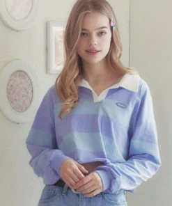 [MOONFAIRY] SS 22 JUNO COLLAR STRIPE CROP TEE-SKY BLUE