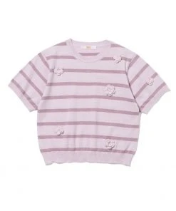[ROCCI ROCCI] Summer 22 Stripe Floral Embroidery Knit Top (LAVENDER) Best Sellers