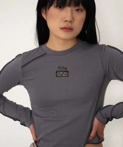 [ACHO] Summer 22 Unbal Handmade Label Crop T-shirt_Deep Gray