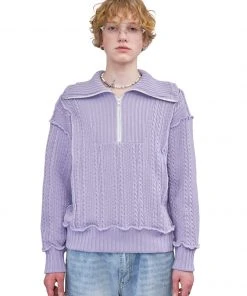 [LECYTO] SS 22 ZIP-UP COLLAR CABLE KNIT_[L.PURPLE]
