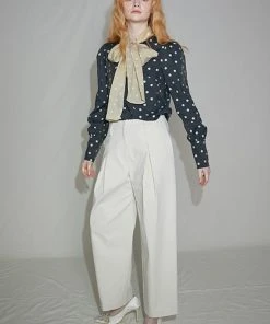 [SORRY TOO MUCH LOVE] Summer 22 Dot Combo Ribbon Blouse_Navy