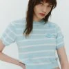 Best Sellers [ROCCI ROCCI] Summer 22 Stripe Floral Embroidery Knit Top (SKY BLUE)