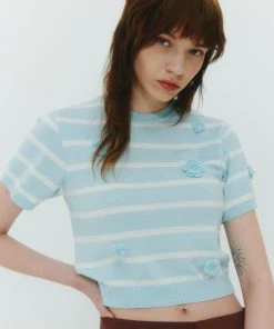 Best Sellers [ROCCI ROCCI] Summer 22 Stripe Floral Embroidery Knit Top (SKY BLUE)