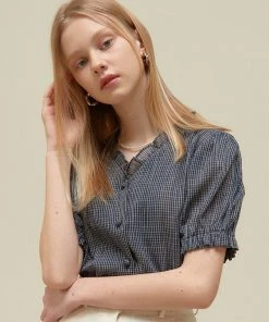 [JOORTI] SS 22 J989 Check Frill Collar Blouse (navy)