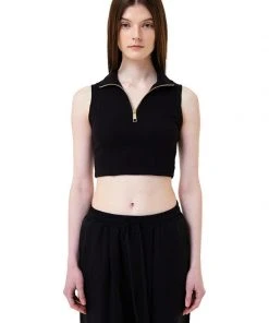 [LO AXUAL] Summer 22 CROP KNIT ZIP UP SLEEVELESS_BLACK Best Sellers