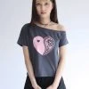 Best Sellers [NOFFICIALNOFFICE] SS 22 PAISLEY HEART UNBALANCE NECK T-SHIRT CHARCOAL