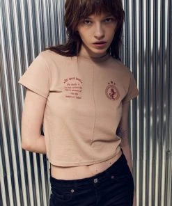 [ART SPEAK HOUSE] SS 22 GOTHIC SYMBOL SHORT SLEEVE CROP TOP, YELLOW BEIGE