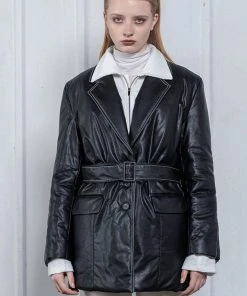 UNORMAL Best Sellers [UNUSUALNORMAL] FW 21 REVERSE LEATHER PADDING JACKET _ BLACK / IVORY STITCH