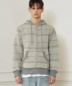 Best Sellers [LECYTO] Winter 21 INSIDE-OUT JACQUARD KNIT HOODIE ZIP-UP_[M.GRAY]