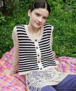Best Sellers [ROCCI ROCCI] FW 21 Stripe Crochet Knit Vest [CREAM NAVY]
