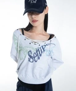 [SETUP EXE] FW 21 Deep V-neck Eyelet Sweatshirts [White Melange]