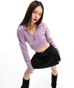 Best Sellers [CAPRICIEUX] Winter 21 VNECK COLLAR CROP KNIT_LIGHT PURPLE