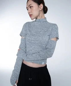 Best Sellers [SETUP EXE] Winter 21 Pin Tuck Halfneck Sleeve Slit Top [Melange Gray]