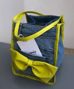 [POPSIZ] Seasonless Denim Upcycled Ribbon Shoulder Bag 002_CHARTREUSE