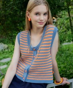 [ROCCI ROCCI] FW 21 Stripe Crochet Knit Vest [ORANGE BLUE]