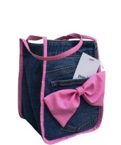 [POPSIZ] Seasonless Denim Upcycled Ribbon Shoulder Bag 002_pink
